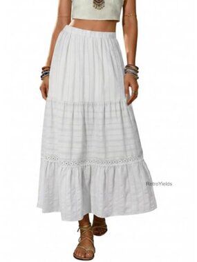 Boho Tiered High Waisted Cotton Long Flowy Maxi Skirt with Crochet Lace